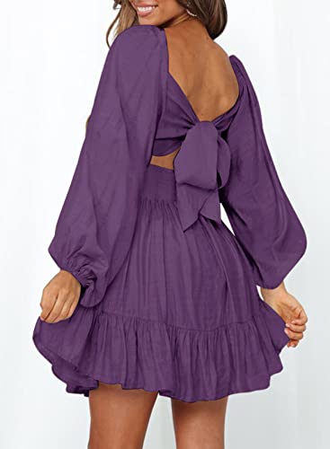 Image of Dokotoo Womens Dress Lantern Sleeve Elastic Waist Tie Backless Mini Dress | Square Neck,Off Shoulder,Flowy,Ruffle A-Line,Casual,Mini Dress,Beach Vacation Clothes,Fall Outifits,Wedding Guest,Boho