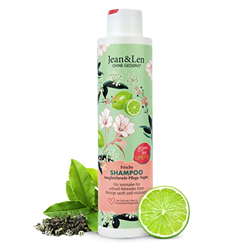 Jean & Len Champú Fresco Té Verde & Lima, para cabello normal a rápidamente graso, protege contra la pérdida de humedad, cuidado equilibrante, sin parabenos ni siliconas, vegano, 300 ml