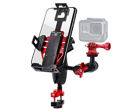 Metal Motorcycle Phone Mount Holder with Extension Arm, 2 in 1 Handlebar Mount for Cell Phone and Action Camera, Fit iPhone, Samsung, etc., Fit Most Motorcycle and Harley Davidson (Red)