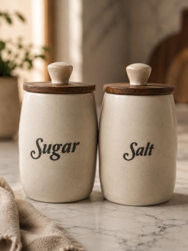 Image of Ceramic Airtight Sugar Salt Canister Set of 2 (Dholak)