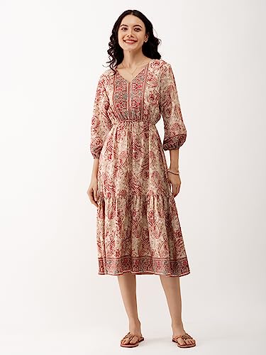 Image of AASK Abstract Printed Puff Sleeve Gathered Detailed Fit Flare Dress