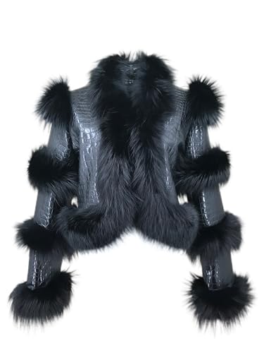LVCOMEFF Women Sheep Leather Cropped Jacket Bolero Top Coat Motorcycle Jacket With Fox Fur Layer Long Sleeve Python Pattern