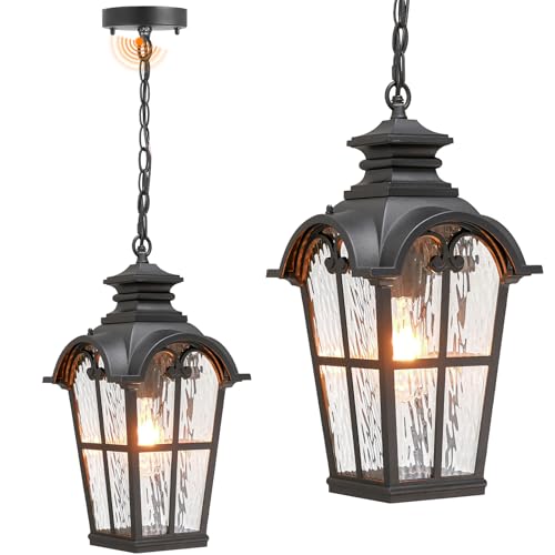 Image of Waterproof Outdoor Pendant Light for Porch 18.5 Inch Large Hanging Porch Lights with Adjustable Chain Dusk to Dawn Aluminum Outdoor Hanging Light Fixture with Water Ripple Glass E26 Socket
