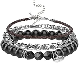 Emibele Mens Bracelets Set Black Beaded Bracelet Stainless Steel Chain Bracelet PU Leather Bracelet Punk Style Wrap Bracelets 3PCS Stackable Adjustable Wrist Bracelet Sets Men's Jewelry