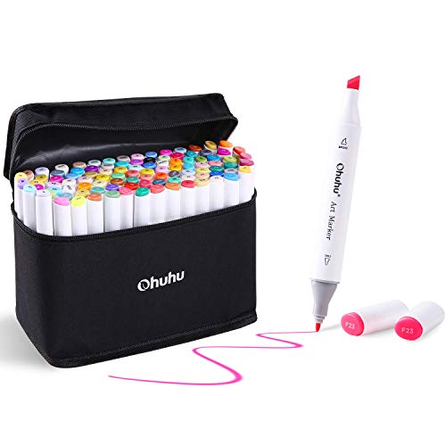 Ohuhu 100 Couleurs Double Pointe Marqueur, Art Croquis Stylos Marqueurs Marker à Feutre Alcool Animation Design avec Sac Noir Pour Adultes Jeu Croquis Dessins Animés Peinture