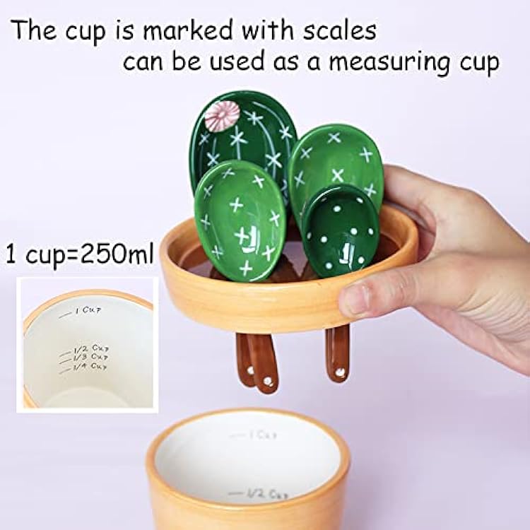 Cactus Measuring Spoons Set in Pot Ceramic Cute Measuring Cups and Spoons Unique Baking Gifts for Dry Wet Ingredients Dishwasher Safe 1 Tbsp 1 TSP 1/2 TSP 1/4 TSP 1 Cup Blue