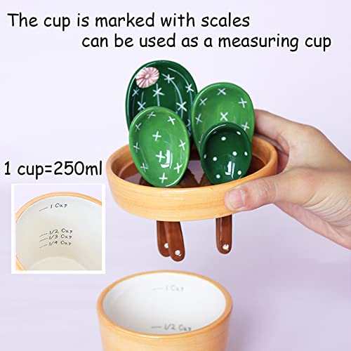Cactus Measuring Spoons Set In Pot Ceramic Baking Measuring Spoons Cup With Holder For Dry Wet Ingredients Cute Cactus Figurine Dishwasher Safe 1 Tbsp 1 Tsp 1/2 Tsp 1/4 Tsp 1 Cup Unique Gift #TOP3