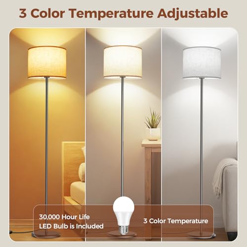 Floor Lamps for Living Room, 62" Tall Standing Lamp with Beige Lampshade, 3 Color Temperatures, Foot Switch, Modern Floor Lamp for Bedroom, Living Room, Office,Home Decoration(Bulb Included) - Image 2
