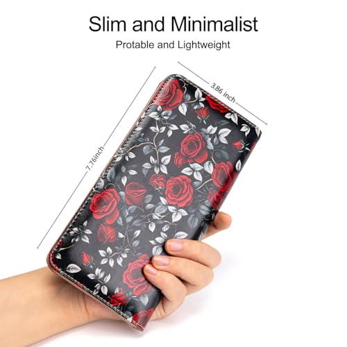 Image of Ultra Slim Thin Leather Women Wallet Rfid Blocking Credit Card Holder Bifold Clutch (Roses)