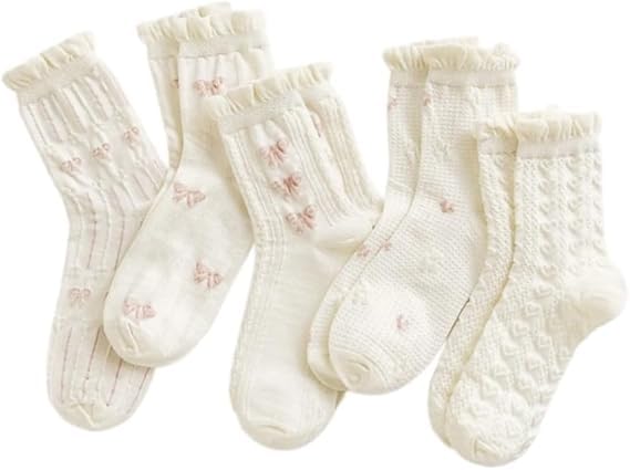 Image of 5 Pair Cute White Ruffle Ankle Socks - Women's Cottagecore Floral Crew Socks in Japanese Aesthetic Cotton