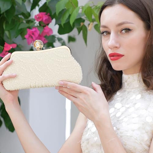 Image of UBORSE Women Pearl Clutch Bag Noble Crystal Beaded Evening Bag Wedding Clutch with Pearl Chain