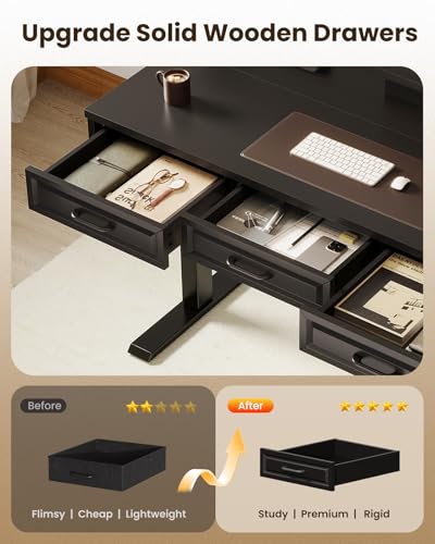 Image of OffiGo Electric Standing Desk with 3 Wooden Drawers, 48 Inch Height Adjustable Desk with Power Outlets & LED Lights, Black Sit Stand Table with Monitor Stand for Home, Office, Workstation