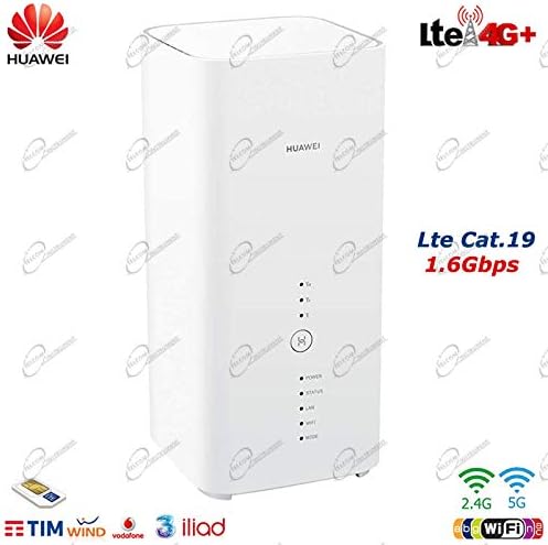 Angled view of the HUAWEI B818-263 LTE Router, showing the front panel with indicator lights and 'LTE Cat.19 1.6Gbps' branding on the side.