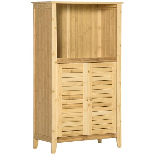 HOMCOM Armario Auxiliar de Baño de Bambú Armario de Suelo de Baño con 2 Puertas Compartimiento Abierto y Estante Ajustable 50x25,5x92 cm Natural