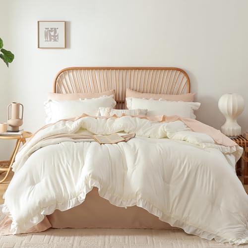 JANZAA Queen Comforter Set Creamy White Ruffle Comforter with 2 P...
