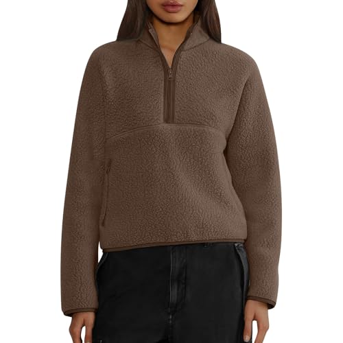 Brown Women Quarter Zip Pullover Fleece Oversized Half Zip Sweatshirt - image 2