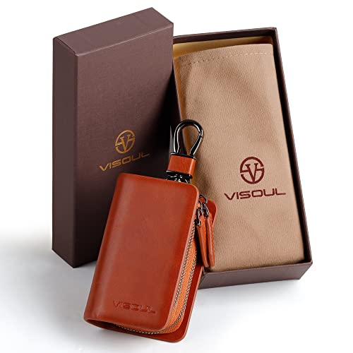 Image of VISOUL Car Key Case Holder Double Zipper, Leather Car Smart Key Fob Case with Keychain for Men and Women