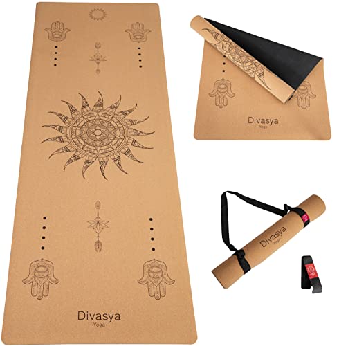 DIVASYA Premium Yogamatte Kork rutschfest: aus Naturkautschuk rutschfest & Kork, natürlich & nachhaltig, großzügige Maße (183x66x0,4cm), Yoga Matte Kork rutschfest, Tragegurt, schadstofffrei