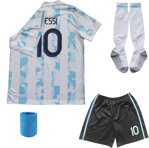 ORGBRAIN 2021 Argentina Home Copa-American #10 Kids Soccer Jersey & Shorts Set Youth Sizes (White, 28 (10-11 Years Old))