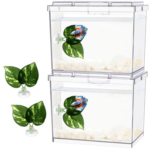 Image of MoonOrange Mini Betta Fish Tank, Small Fish Bowl for Temporary Space, 0.2 Gallon Stackable Cube Tank with Betta Leaf and Gravels for Small Fish, Insect, Shrimp, Crab, Spider.(Pack-2)
