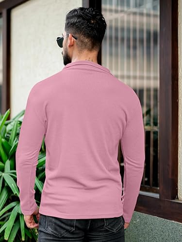 Image of KAJARU Men's Polyester Blend T Shirt with Spread Collar Neck Line Zipper Closure Full Sleeves Solid Pattern Regular Fit and Standard Length