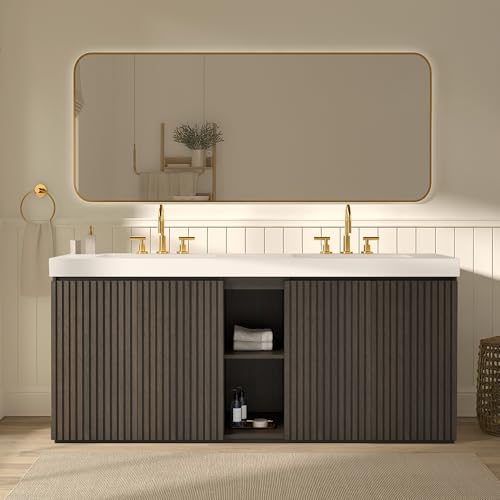 CITTANEO 72' Bathroom Vanity with Double Sink, Freestanding Double Sink Bathroom Vanity with White Engineered Stone Top, Open Storage Cabinet & Adjustable Shelf, 4 Soft-Closing Doors, Smoked Oak Brown