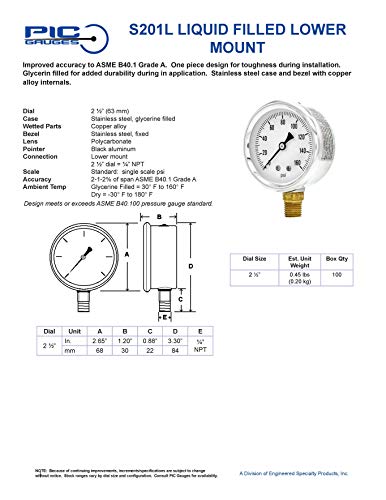 Pic Gauge S201L-254G 0-200 Psi Pressure Gauge, 2 1/2" Dial, 1/4" Male Npt Connection, Bottom Mount, Single Scale, Glycerin Filled, Stainless Steel Case/Bezel, Brass Internals & Plastic Lens #TOP4
