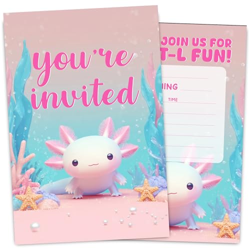 Tarjetas de invitación de cumpleaños de Axolotl VIVORA para fiestas infantiles de niñas