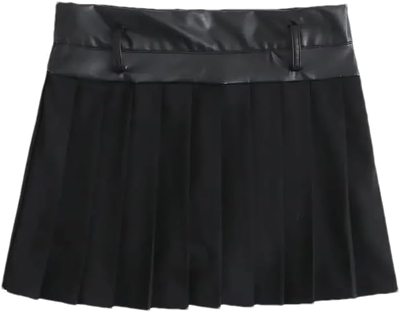 Women All Season Faux Leather Splicing Pleated Mini Skirts Slim Office Skirts Streetwear Short Skort Skirts