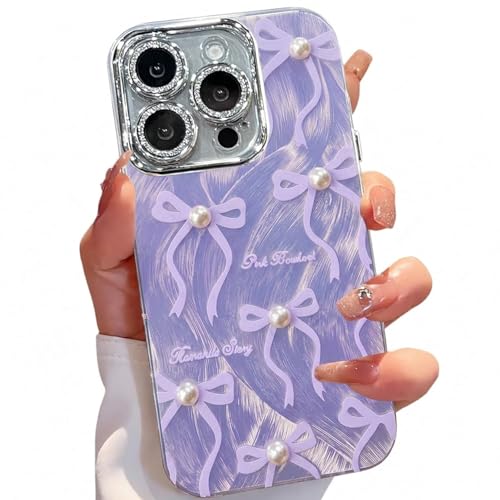 Image of VONZEE Compatible with iPhone 15 Pro Max 6.7'' Case Luxury Pink Girly Cute 3D Bow Pearl Glitter Bling Case with Full Camera Protection Shockproof PC+TPU Glossy Shiny Cover for Girls Women, Purple