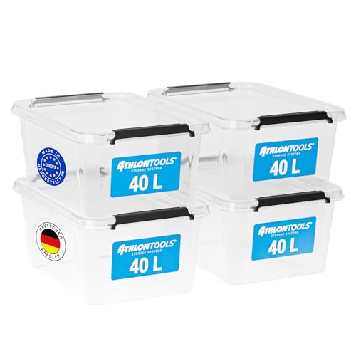ATHLON TOOLS 4er Set 40l Aufbewahrungsboxen mit Deckel - BPA-freie & lebensmittelechte Aufbewahrungsbox mit Verschlussclips - 100% Neumaterial - Plastikbox...