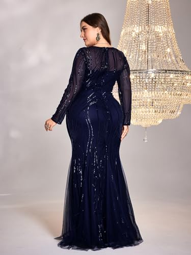 Image of Plus Size Long Sleeve Sequin Evening Dress Glitter Mermaid Long Gown for Mother of The Bride Or Wedding Guest