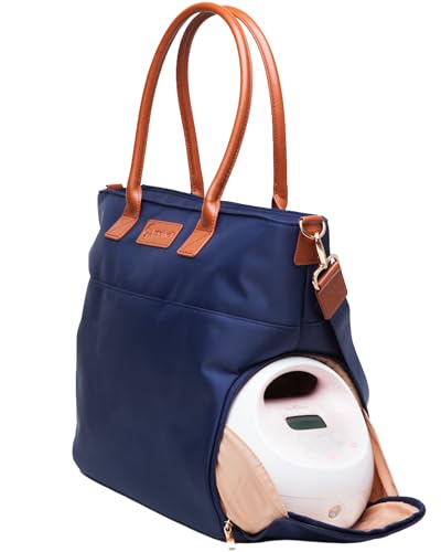Abby Breast Pump Tote with Real Leather Straps – Stylish Pumping Bag with Insulated Pockets, Laptop Storage & Easy-Clean Interior – Professional Breast Pump Bag for Work & Travel (Navy)