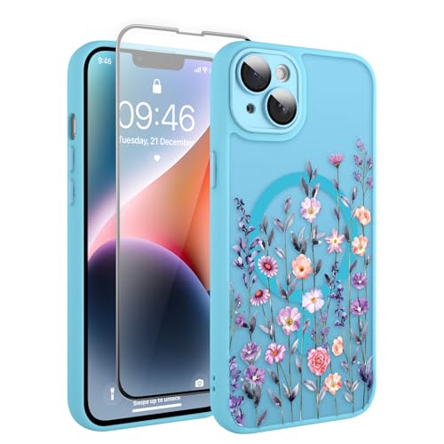 Coque iPhone 14 Plus antichoc compatible MagSafe motif floral bleu clair