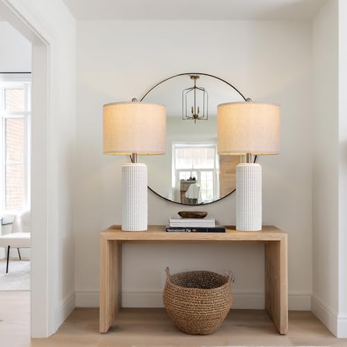 Image of PoKat 27.5'' Tall Table Lamps for Living Room Set of 2, Stone-Like Ceramic Bedroom Lamps for Night Stands, Farmhouse Bedside Lamps for Bedroom Living Room, Nightstand Lamps for End Table, Hallway
