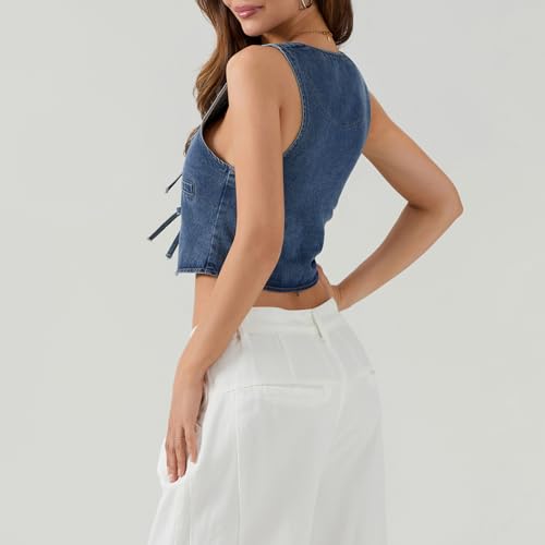 Women Sexy Denim Vest Deep V Neck Tie Up Front Sleeveless Jean Tank Top Low Cut Tight Fit Fashion Cropped Vest4