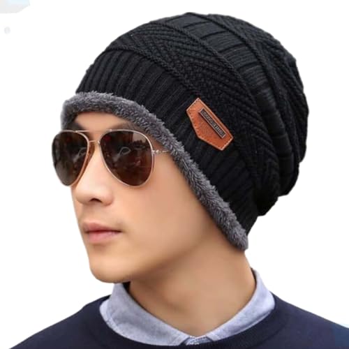 Gorro masculino de tricô de inverno com forro de lã grossa felpudo (Preto)