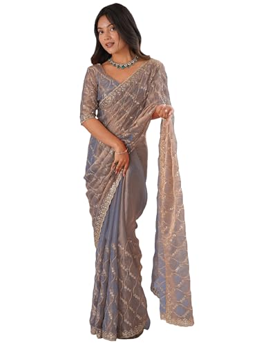 Image of AKHILAM Women's Shimmer Chiffon Heavy Sequence Embroidery Work Saree With Unstitched Blouse Piece (VT798A VM Parent)