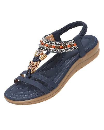 SOLOYEE Sandalias Planas de Verano para Mujer Bohemia Playa Elegante Cómodo Casual Dedo Del Pie Abierto Zapatos de Tacón Plano, 36-41 EU