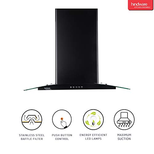 Image of Hindware 60cm 1100 m3 /hr Chimney (Sabina Black 60, 1 Baffle Filter, Black), Free 1 Year Extended warranty