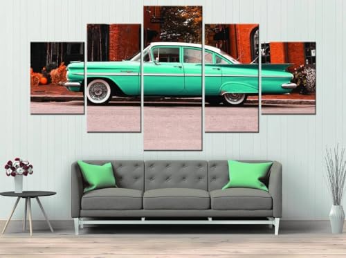Toile peinture tableau decoration murale 5 parties voiture vintage verte de salon