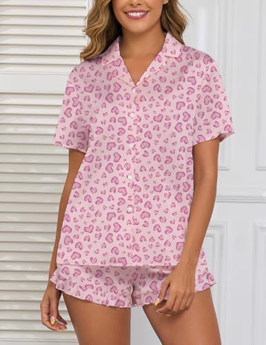 Image of Veseacky Women Satin Pajamas Set 2 Piece Button Down Short Sleeve Soft Sleepwear with Pockets