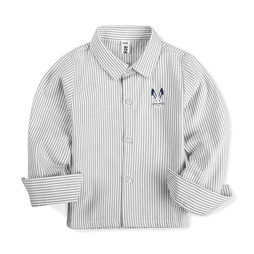 Tianerhay Boys' Striped Button-Down Shirt with Bunny Embroidery, Long Sleeve Cotton Shirt for Toddler Boys Grey 7-8 Years