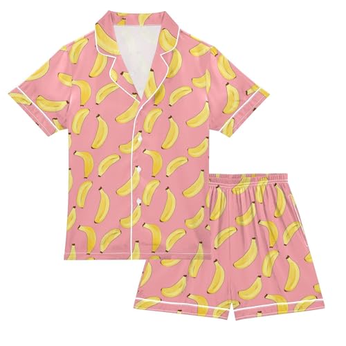 Banana Pink Pattern Summer Pajamas Set Silk PJS Set Satin Sleepwear Short Sleeve Button Down Nightwear 5-14Y