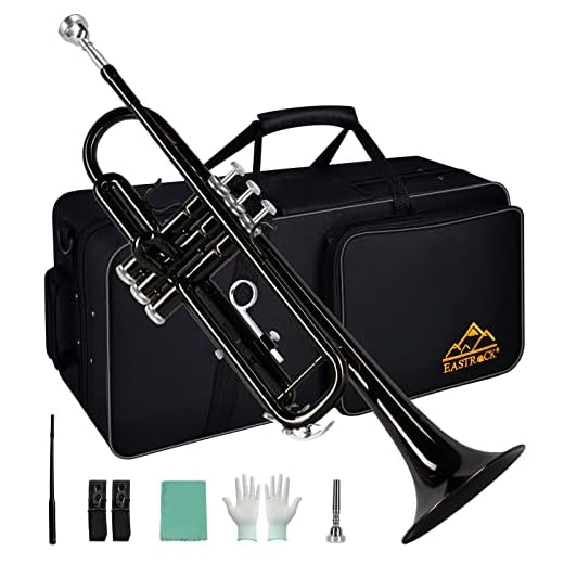 Eastrock Instrumento de trompete padrão Bb de latão preto com estojo de transporte, suporte de trompete, luvas, bocal 7C e kit de limpeza para estudantes iniciantes