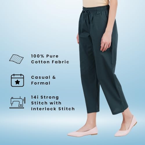 Image of Happy Bunny Parallel Pants for Women 100% Cotton Ankle Length Trousers Regular Fit with Elastic Drawstring Stylish & Pockets Casual Formal Wear for Office & Home