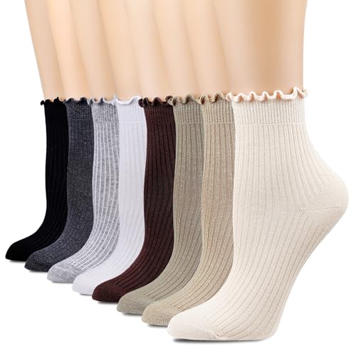 Women's Socks,Ruffle Casual Ankle Socks,Breathable Cool Knit Cotton Lettuce Crew Frilly Socks,8 Pack