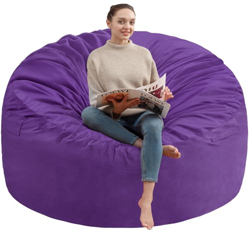 5FT Bean Bag Chair, Large Bean Bag Chairs with Memory Foam Filled, Fluffy Beanbag Sofa with Dutch Velvet Cover, Round BeanBag Chairs for Living Room, Playroom - Purple