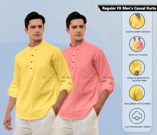 Image of Zombom Men's Combo Cotton Polyester Blend Solid Full Sleeve Straight Regular Fit Mandarin /Chinese Collor Kurta (Pack of 2)