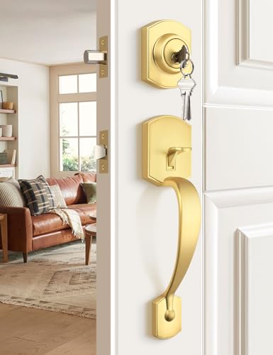Image of Tinewa Camelot Brushed Gold Front Door Handle and Deadbolt Set, Front Door Lock Set, Satin Brass Finish, Upgated Entry Door Handle with Accent Wave Door Lever with Reversible Handle Lever, 1 Pack